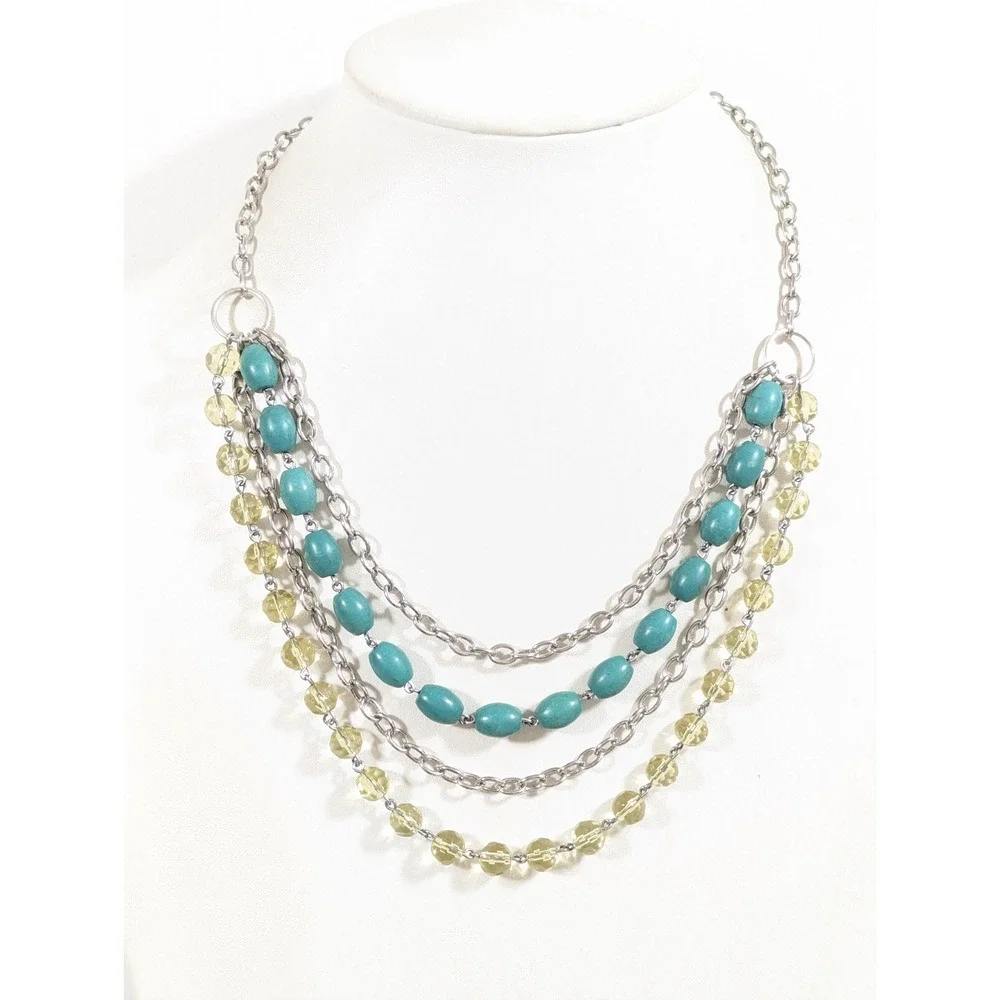 Beachy Coastal Green‎ Glass Stone Bead Layer Silver Tone Chain Necklace 19 in